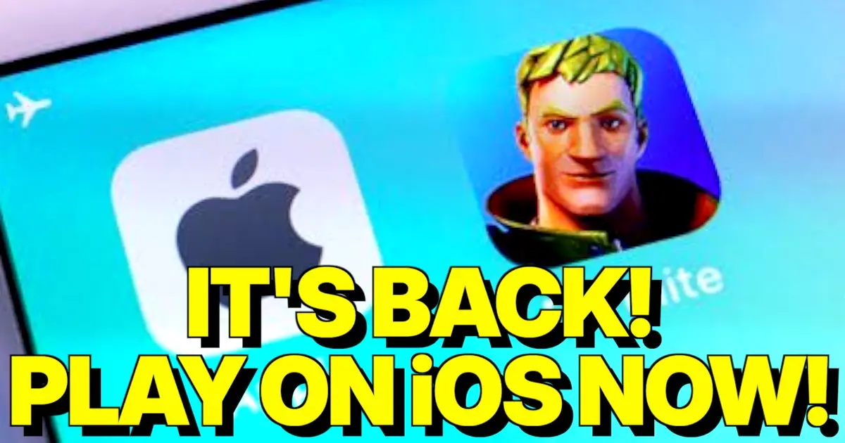 A hype image showing the Fortnite app icon installed on an iPhone home screen using AltStore in 2026.